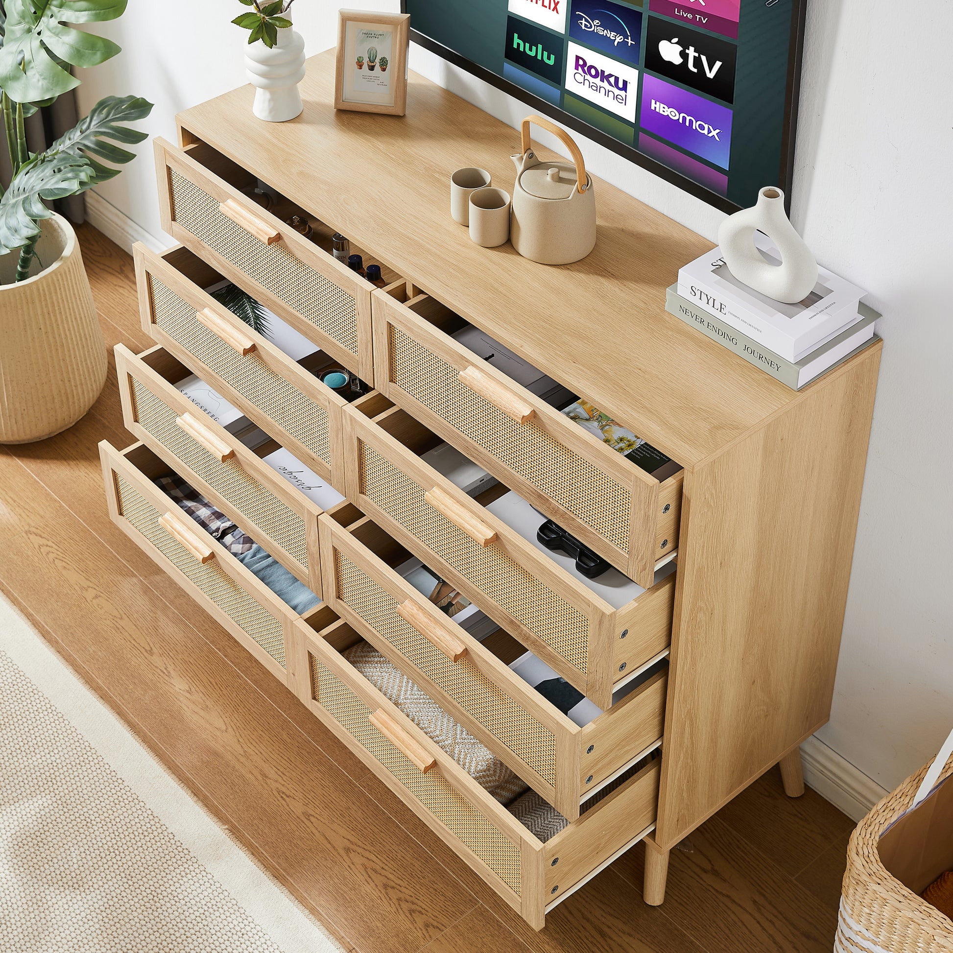 Stevens 8-Drawer Double Dresser in Natural with Rattan Doors