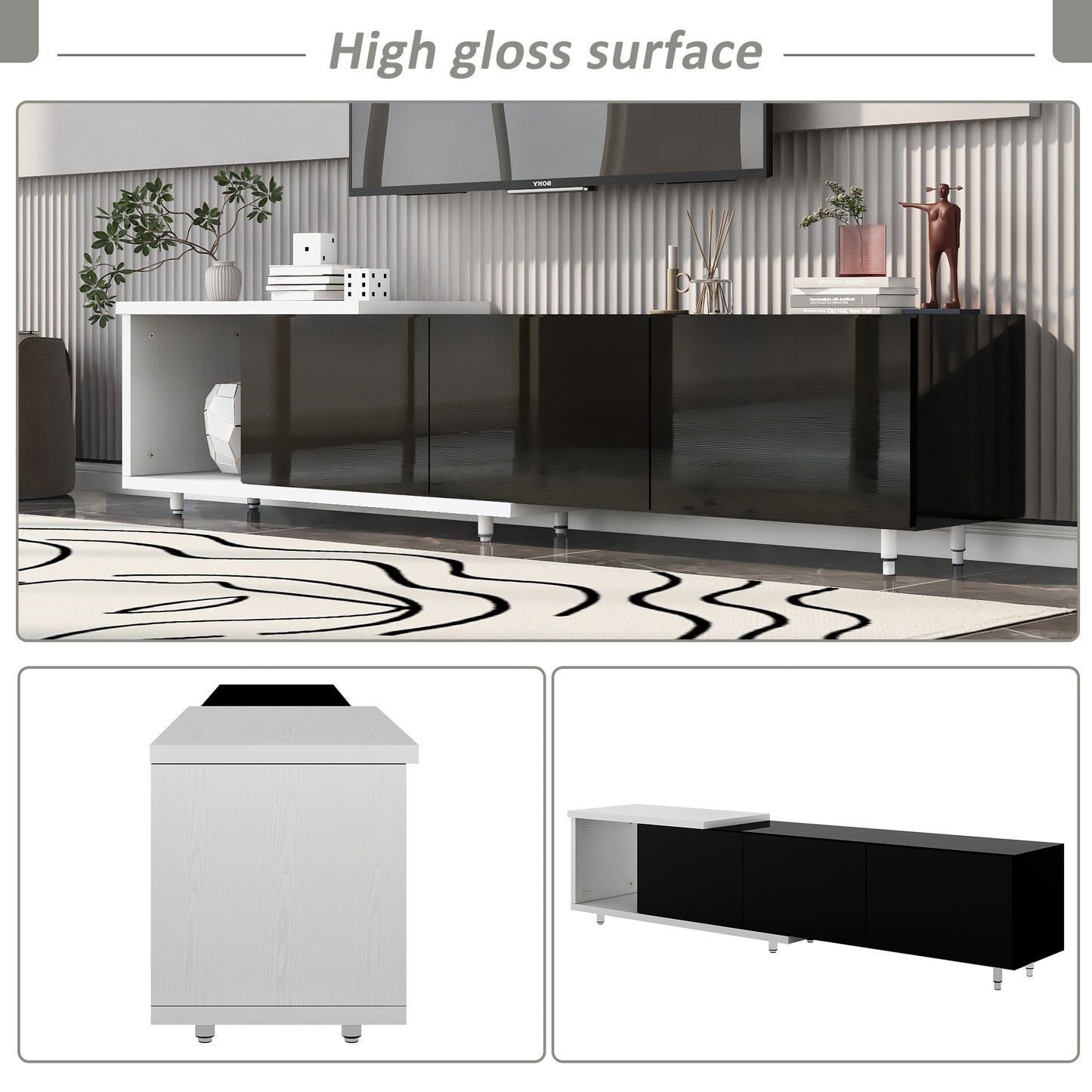 Grover 70' Modern High Gloss TV Stand, White & Black