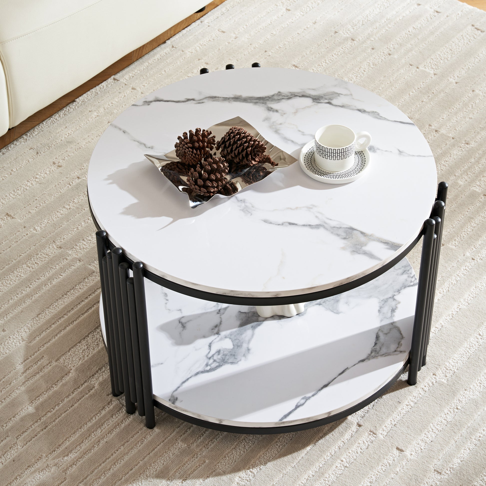 Juno Modern Round Faux Marble Coffee Table, Black & White