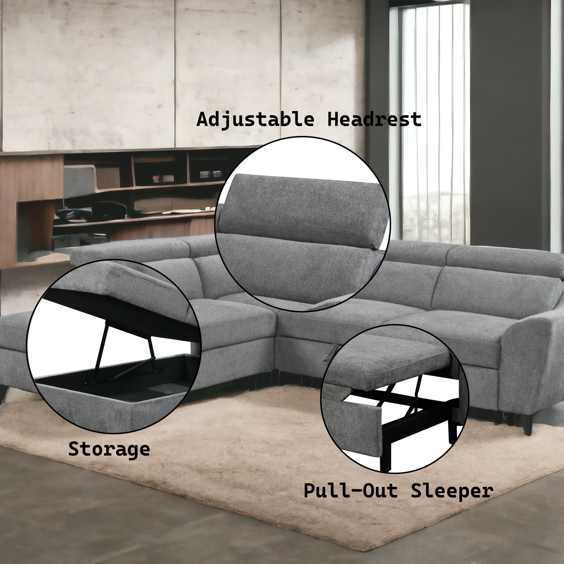 Wrenley Gray Chenille Sectional Sofa with Sleeper & Storage