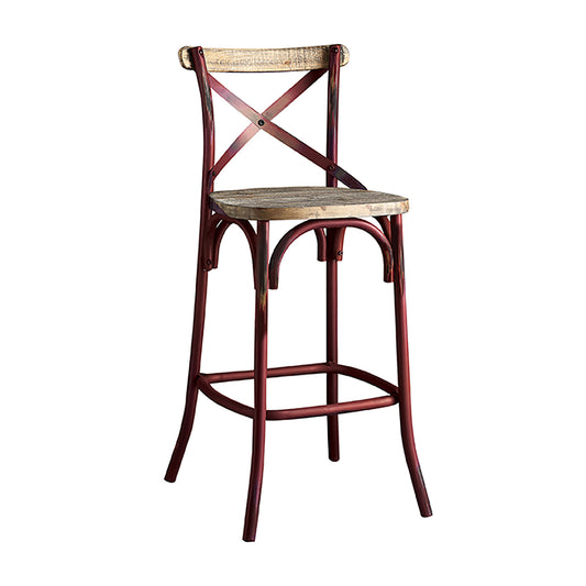 Antique Red and Antique Oak Bar Stool with Cross Back