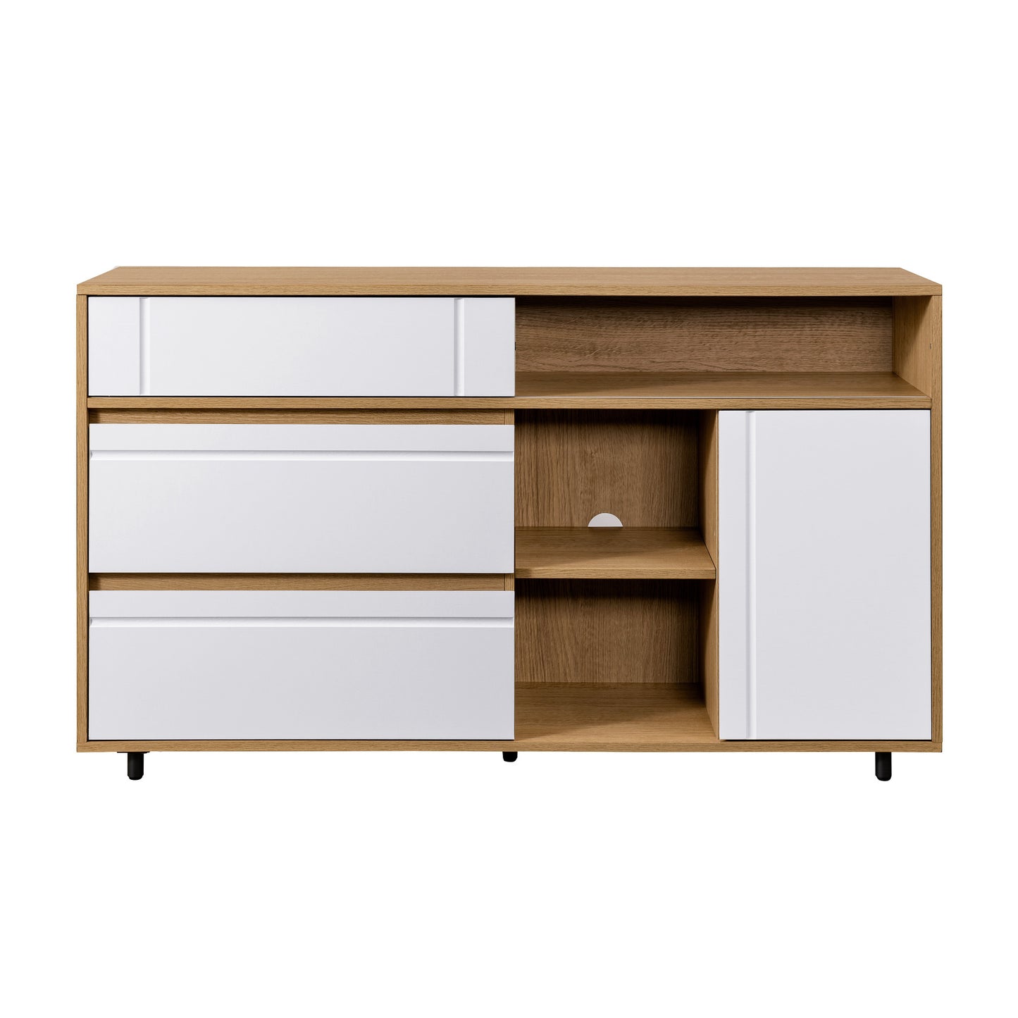 Lennox Mid-Century Modern Sideboard with Open Storage – Coastal Oak / Solid White