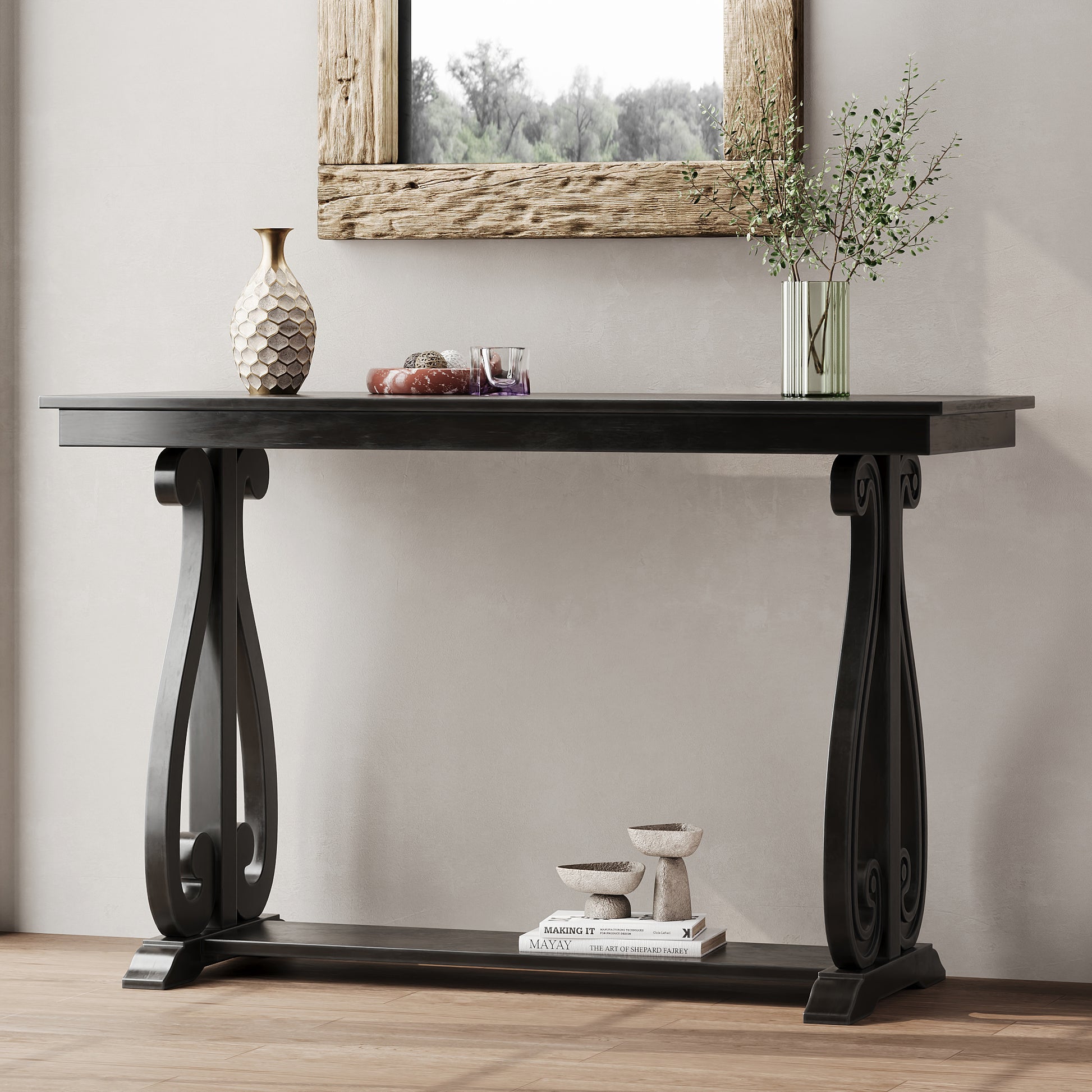 Zelene 48" Rustic Farmhouse Console Table with Lower Shelf, Black