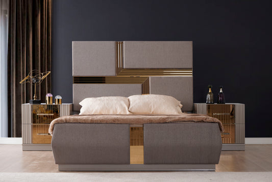 Lorenzo Queen Size Glam Bed in Gray with Mirrored Gold Accent Panels