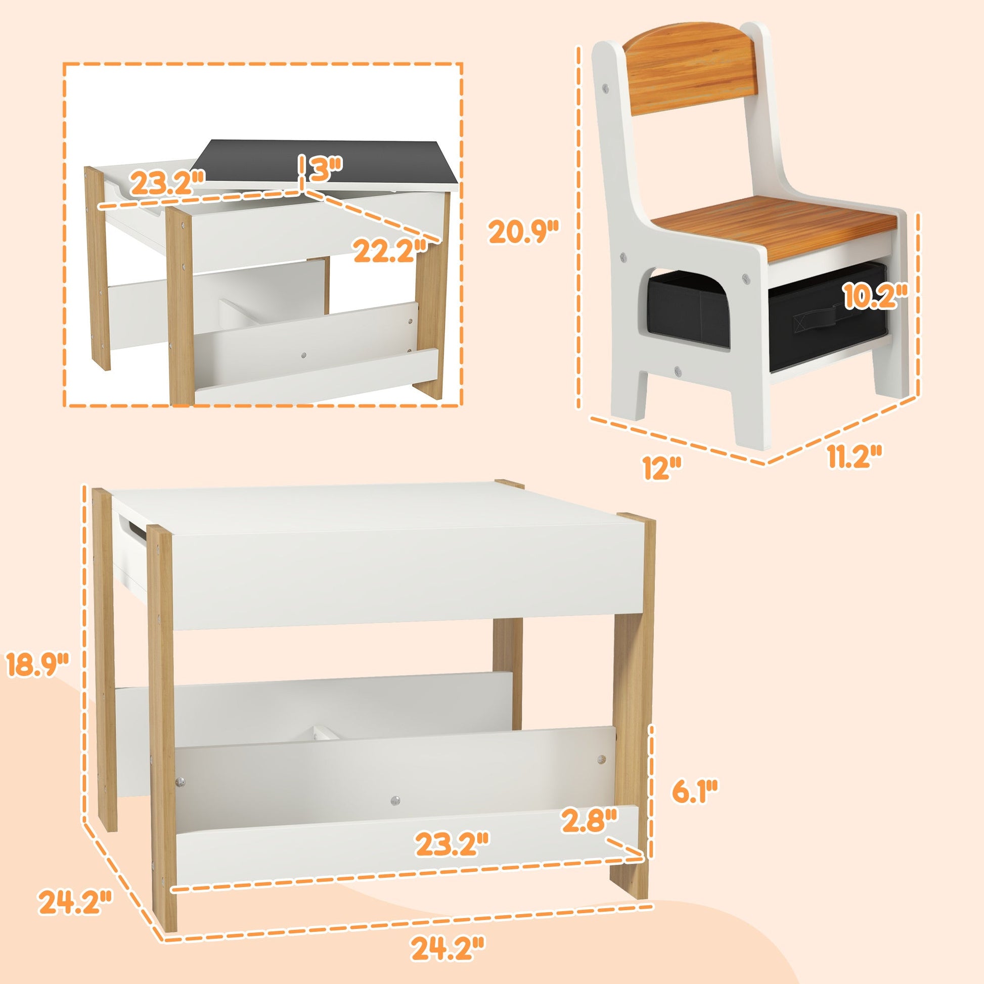 Jason 3 Piece Kids Table and Chair Set with Reversible Blackboard Top, White & Gray