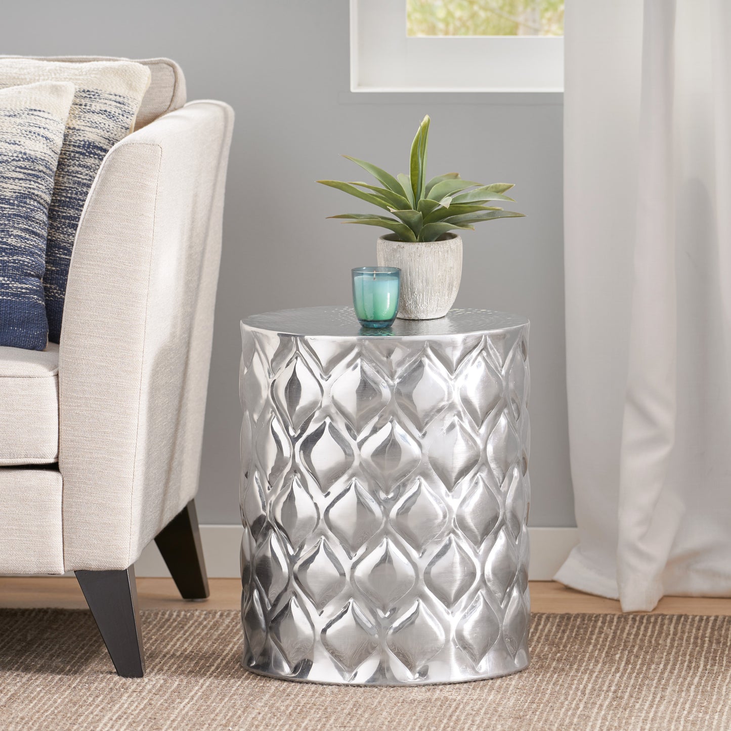 Almond Modern Aluminum Side Table, Silver