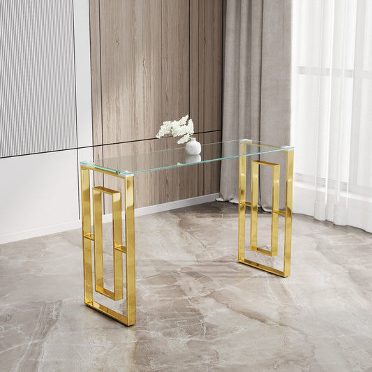 Elegant Fusion: Golden Stainless Steel & Glass Console Table