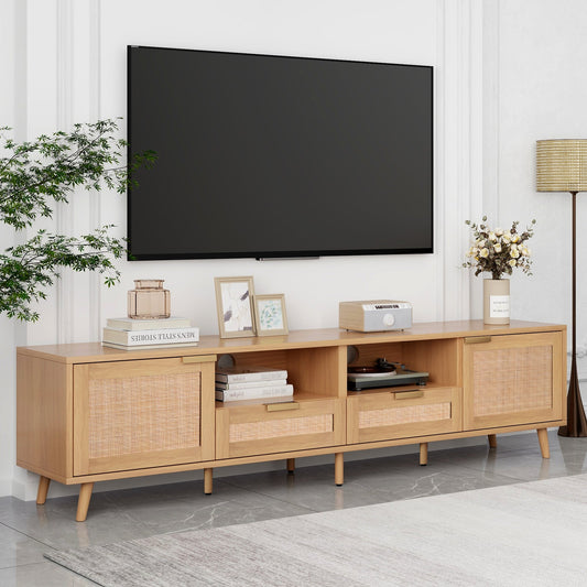 Franklin Mid-Century Modern TV Stand with Rattan Doors - Natural