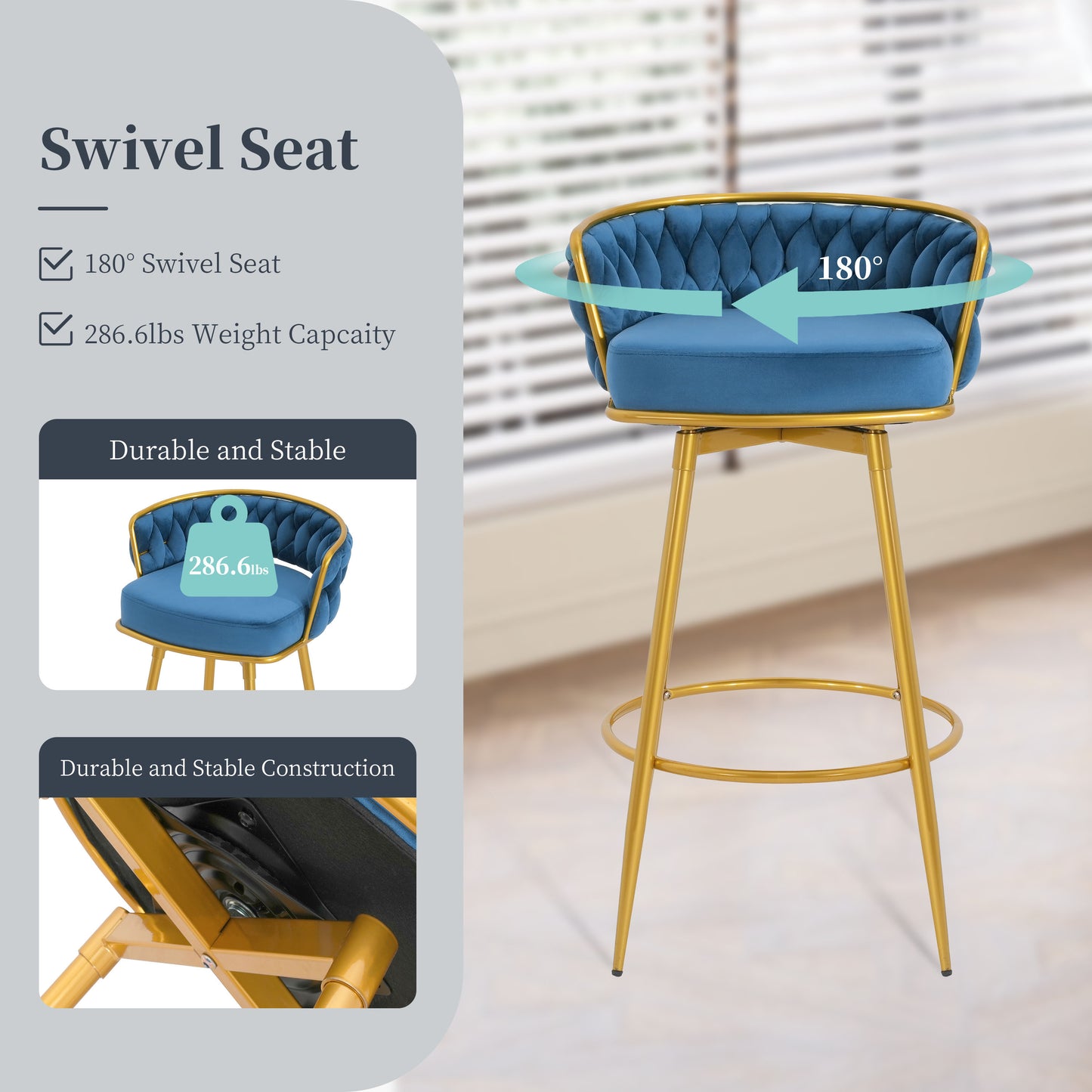 Azariah 31.5' Velvet Swivel Bar Stools Set of 2 Blue