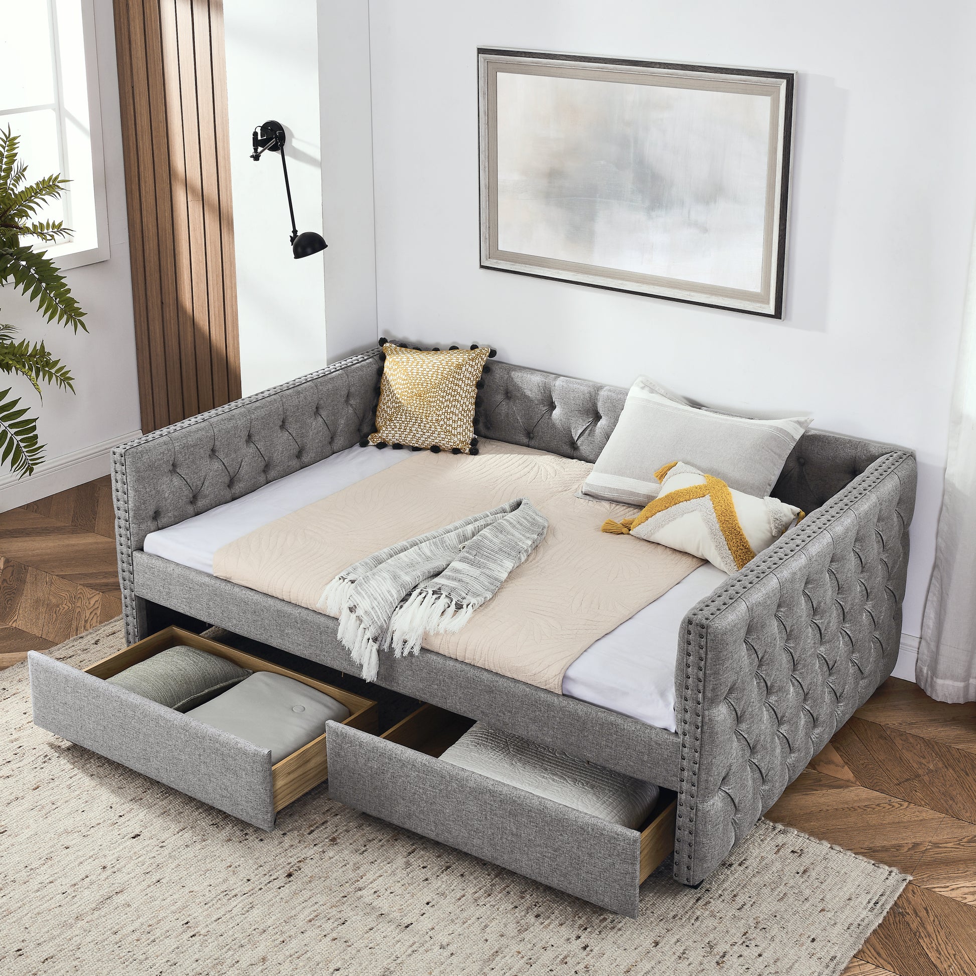 Simpson Full Size Contemporary Tufted Linen Daybed with Drawers, Gray