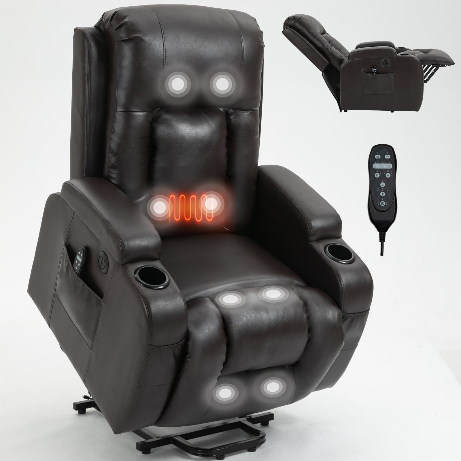 Vespera Faux Leather Power Lift Recliner with Head & Massage, Brown