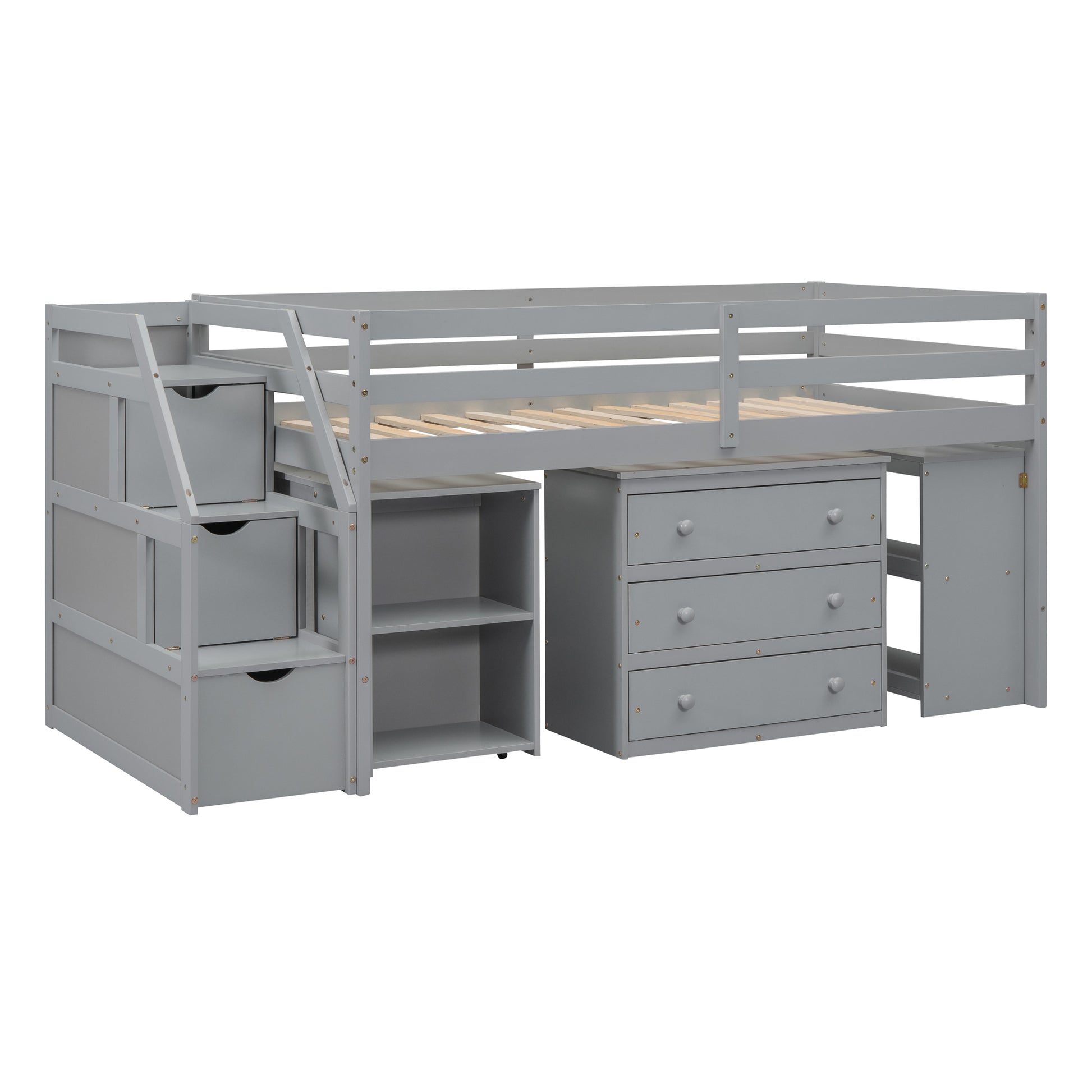 Brittany Twin Size Loft Bed with Retractable Writing Desk and 3 Drawers, Gray