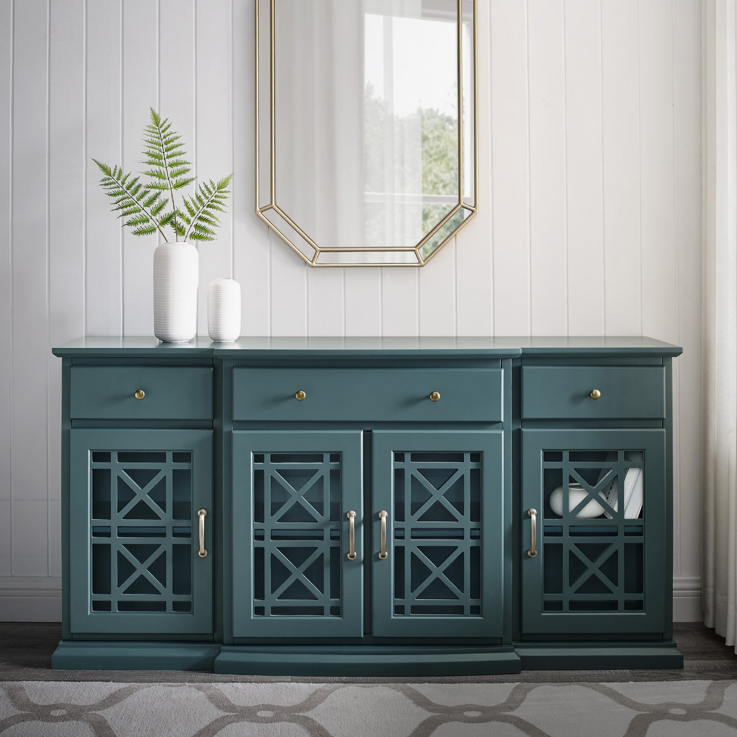 Faye Classic Fretwork Detailed Glass-Door Sideboard - Dark Teal