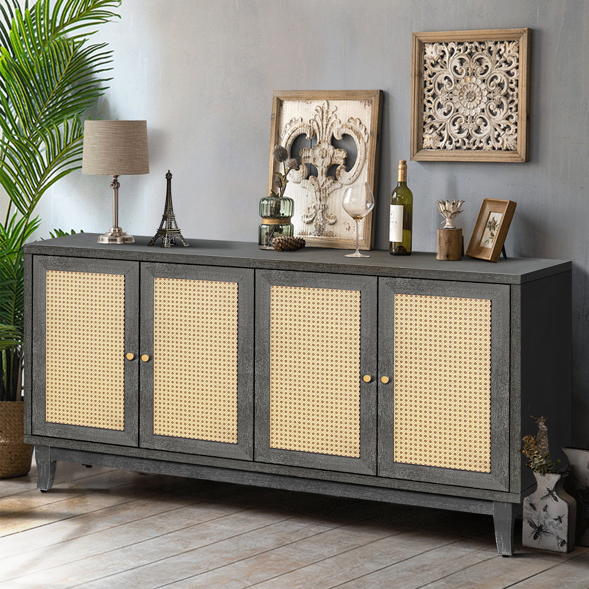 Bastian Mid-Century Modern Sideboard with Rattan Doors, Dark Gray