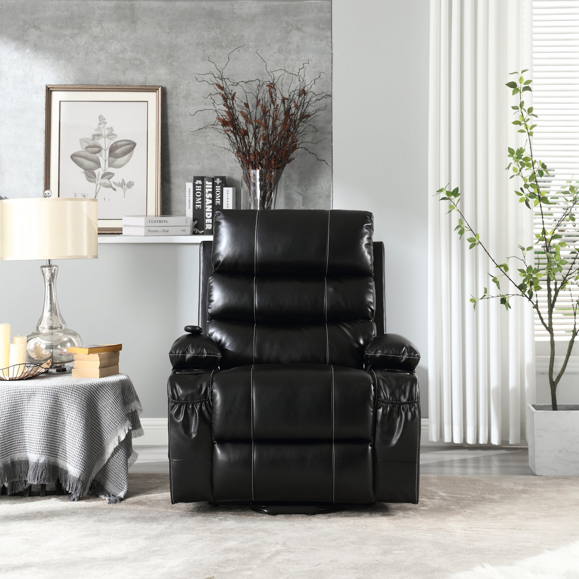 Selini Oversize PU Leather Power Lift Recliner with Massage & Heat, Black