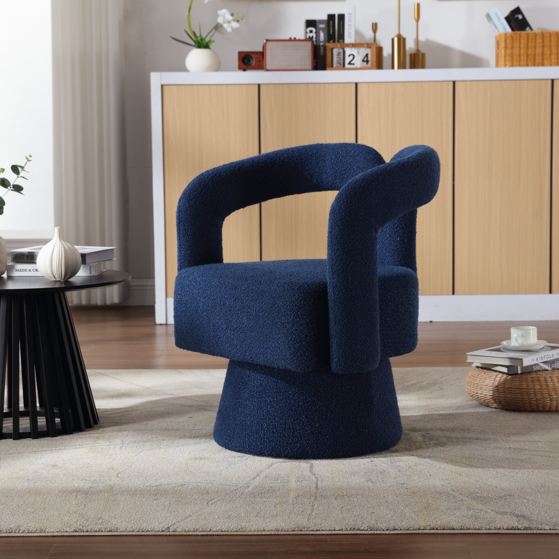 Coolmore Versatile Comfort Navy Boucle 360° Swivel Cuddle Barrel Accent Chair