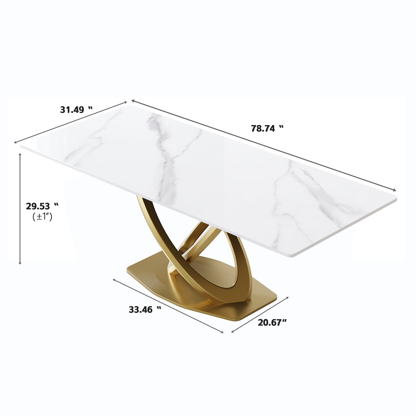 Seren 78.8" Contemporary Sintered Stone Double Ring Dining Table, White & Gold