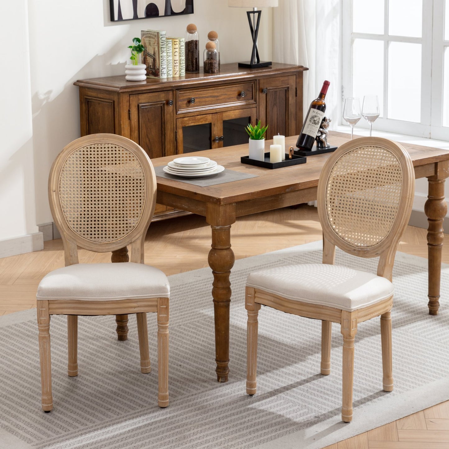 Ruby Solid Wood Oval Rattan Back Chairs with Linen Upholstered Seat Set of 2 Beige