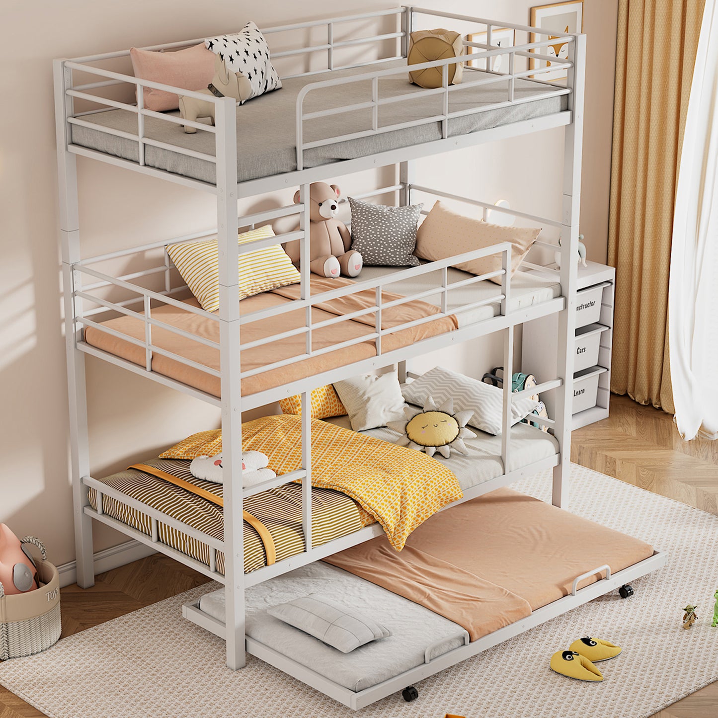 Emily Metal Twin Size Triple Bunk Bed With Trundle, White