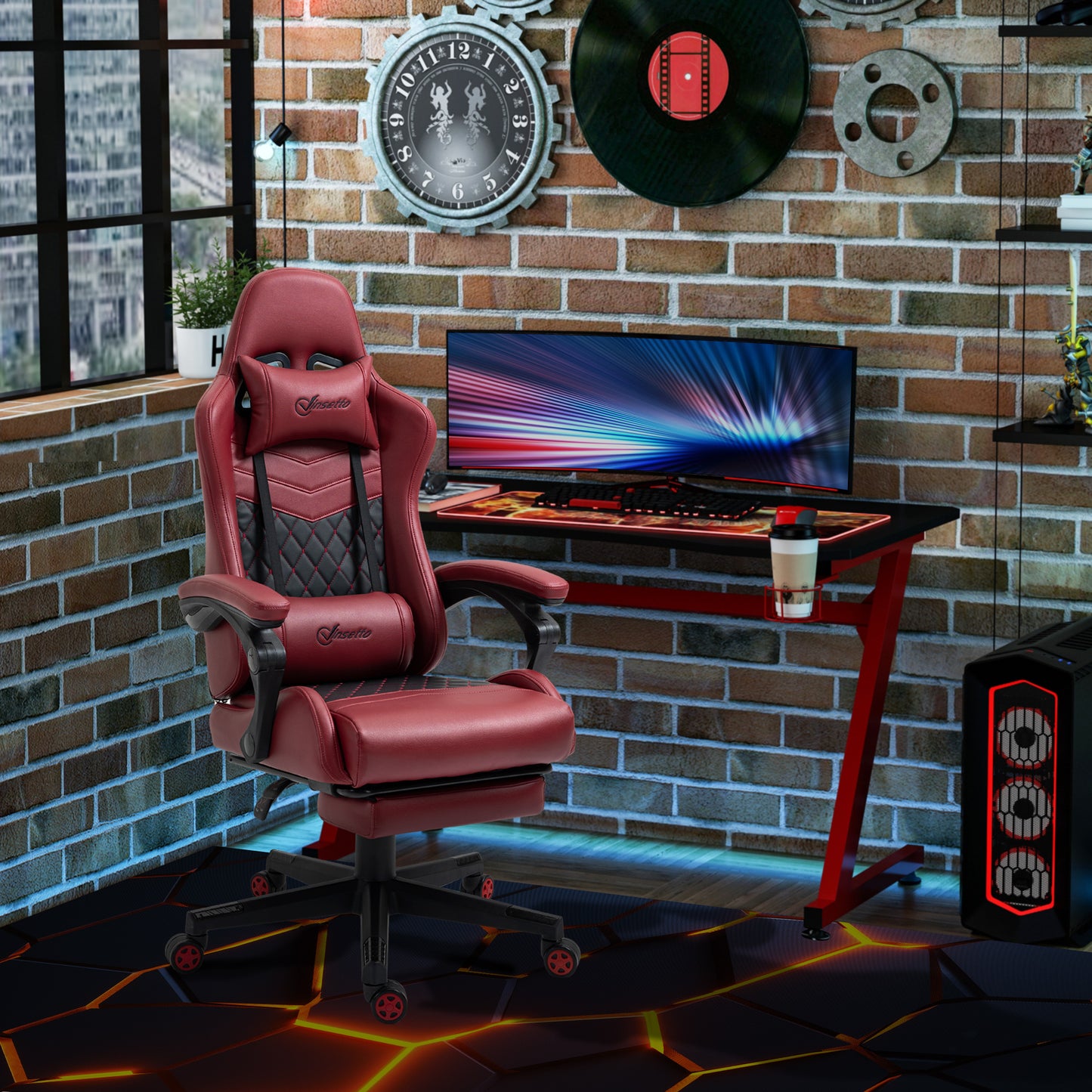 Sorrel PU Leather Diamond Tufted Gaming Chair, Red & Black