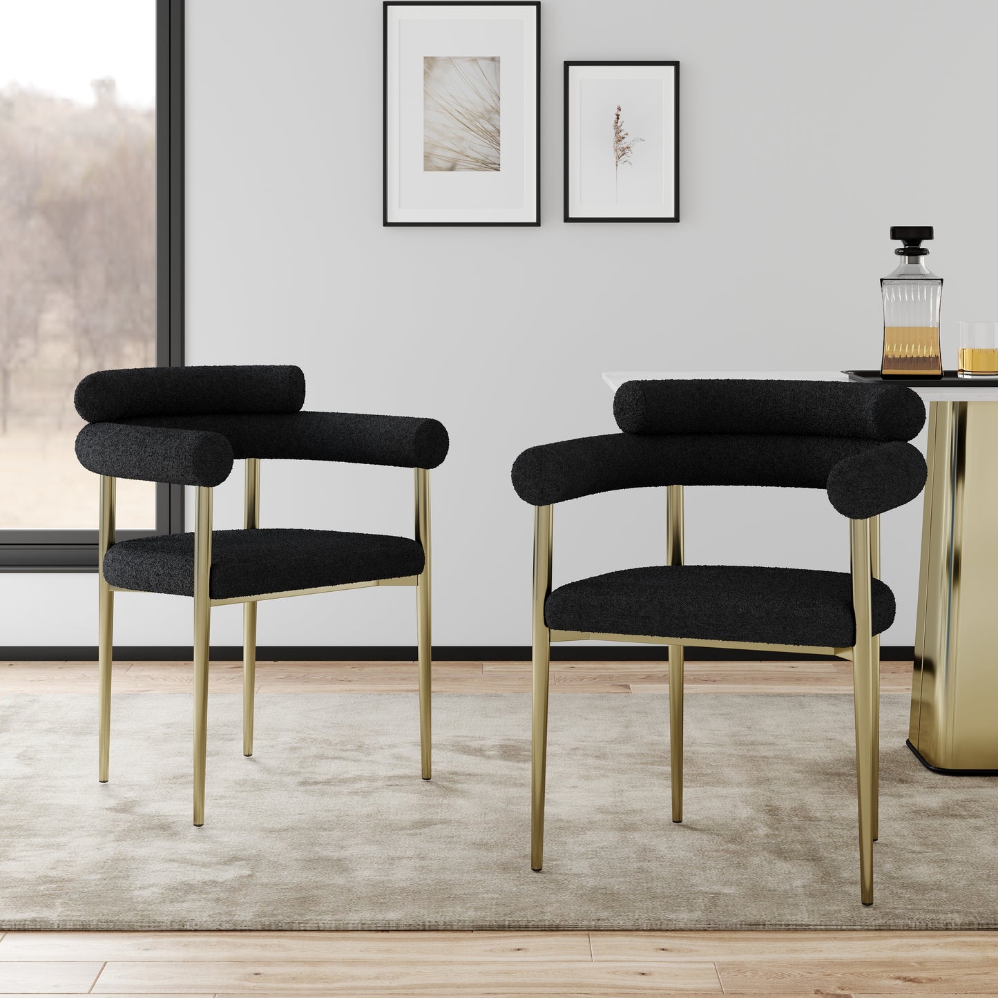 Sabine Mid-Century Modern Boucle Side Chairs Set of2 Black & Gold