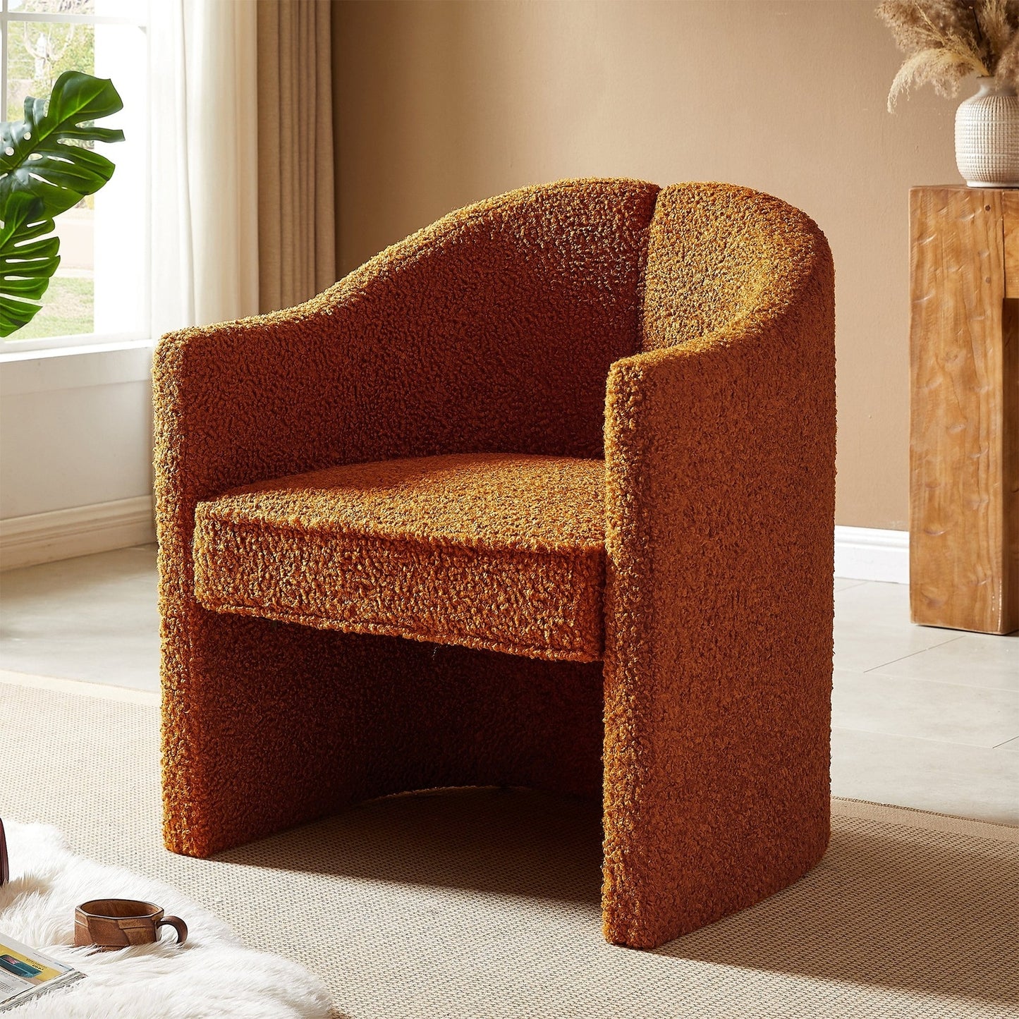 Soren Modern Curved Boucle Accent Chair, Caramel