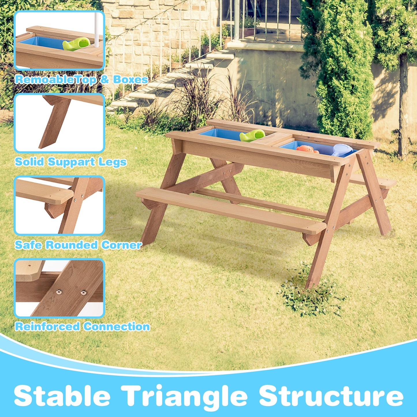 3-in-1 Kids Outdoor Wooden Picnic Table With Umbrella