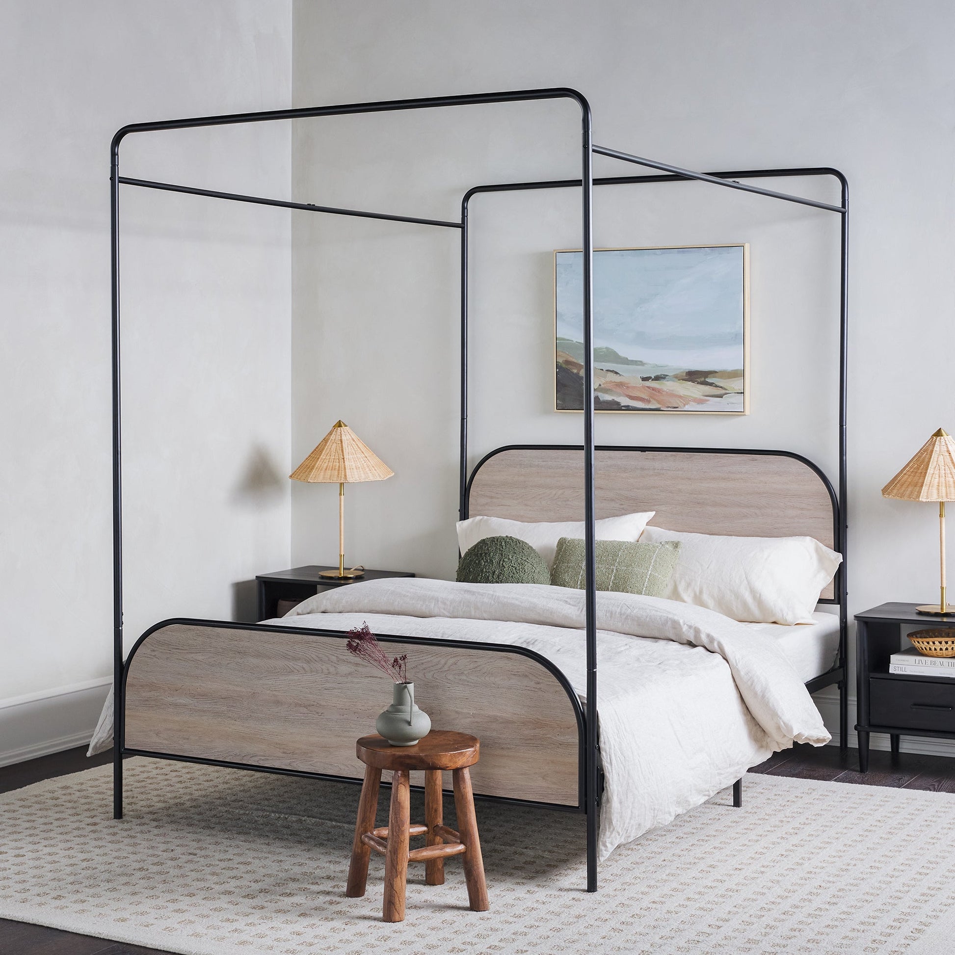 Bailey Modern Queen Metal and Wood Canopy Bed – Smoked Oak