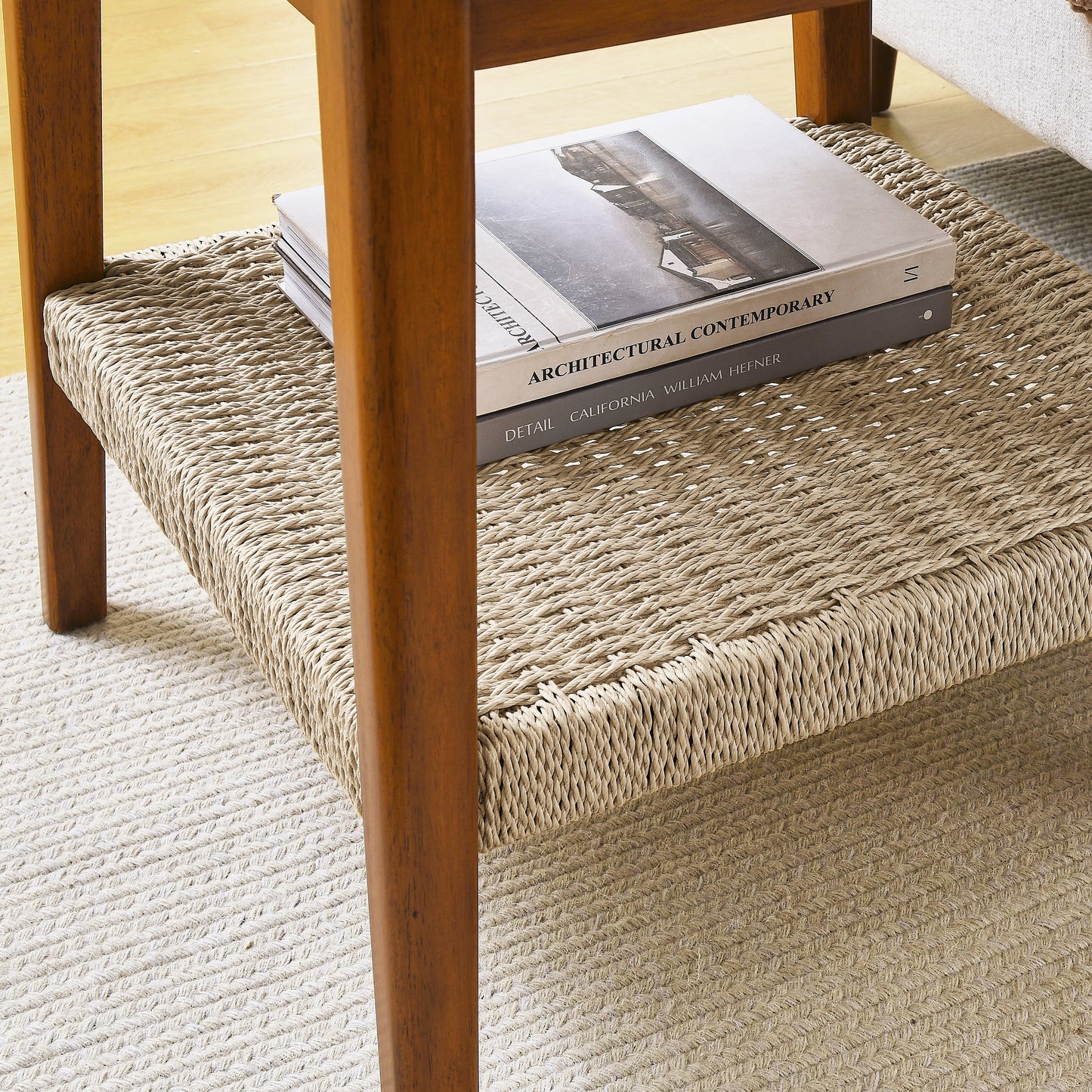 Gretta Mid-Century Modern Side Table with Woven Shelf, Walnut