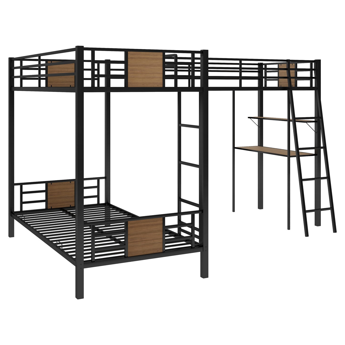 Roberto L-Shaped Twin over Twin Bunk Bed with Twin Size Loft Bed with Desk and Shelf ,Brown