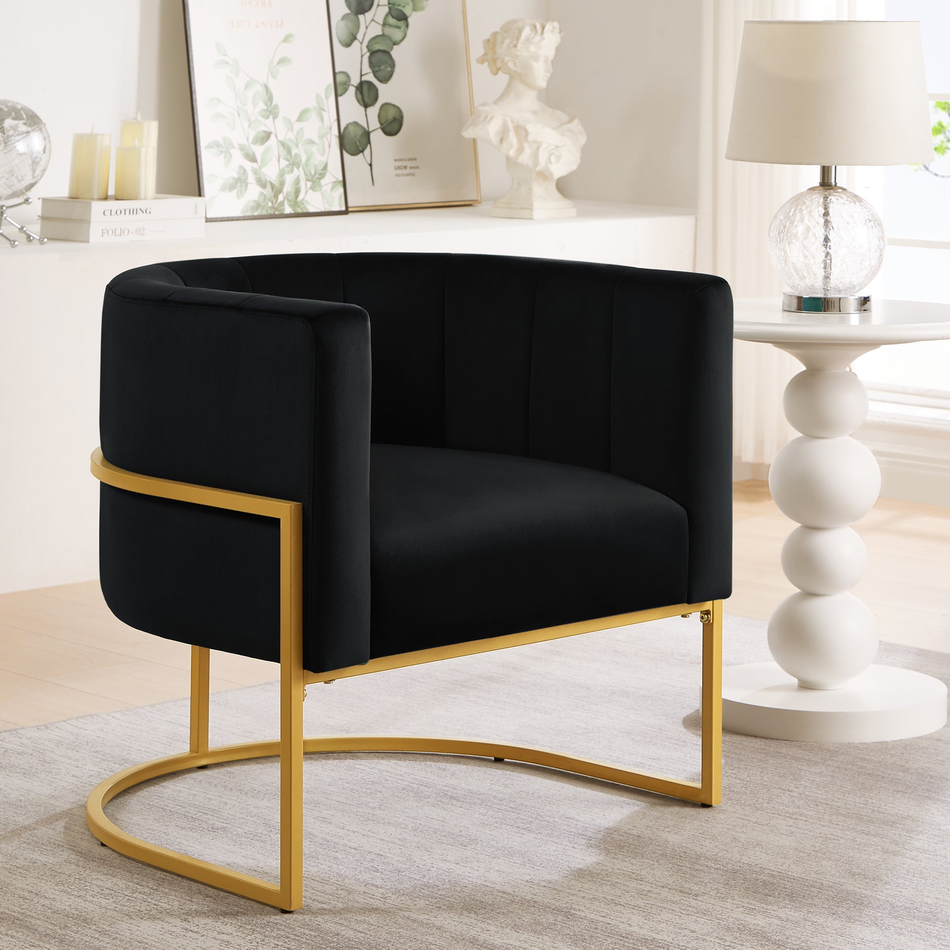 Fern Black Upholstered Velvet Accent Chair with Golden Metal Stand and Curved Backrest