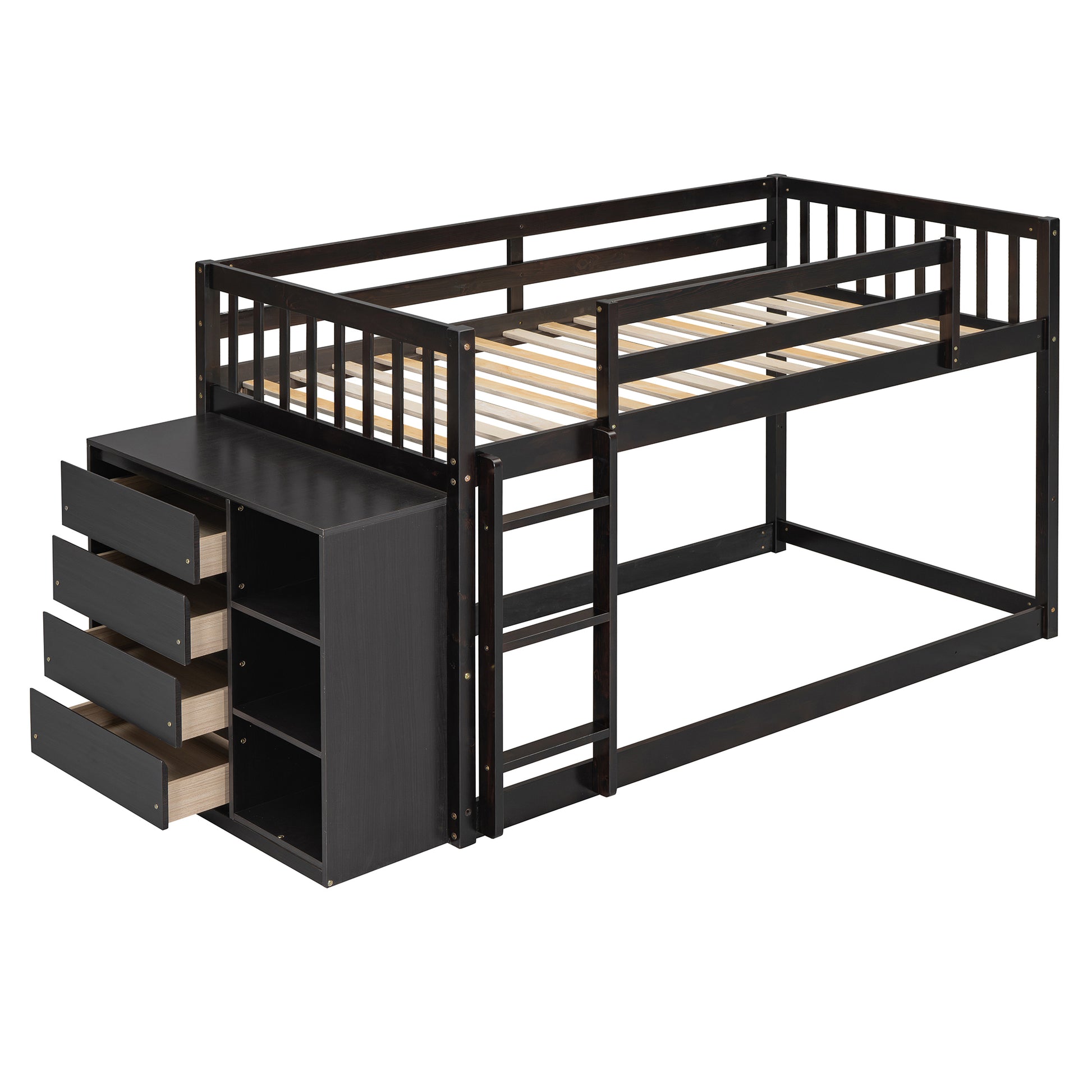 Rachel Twin over Twin Bunk Bed with 4 Drawers and 3 Shelves-Espresso