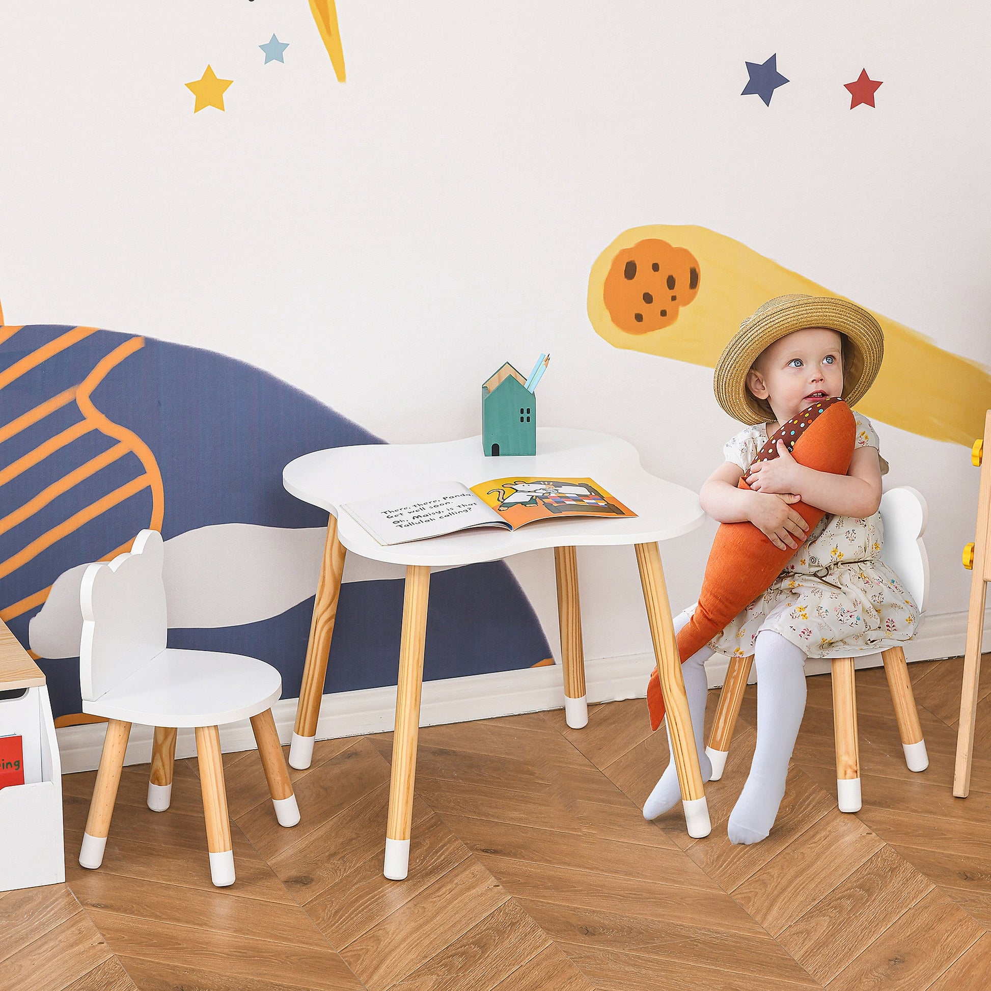 3-Piece Wooden Kids Table & Chair Set, White & Natural