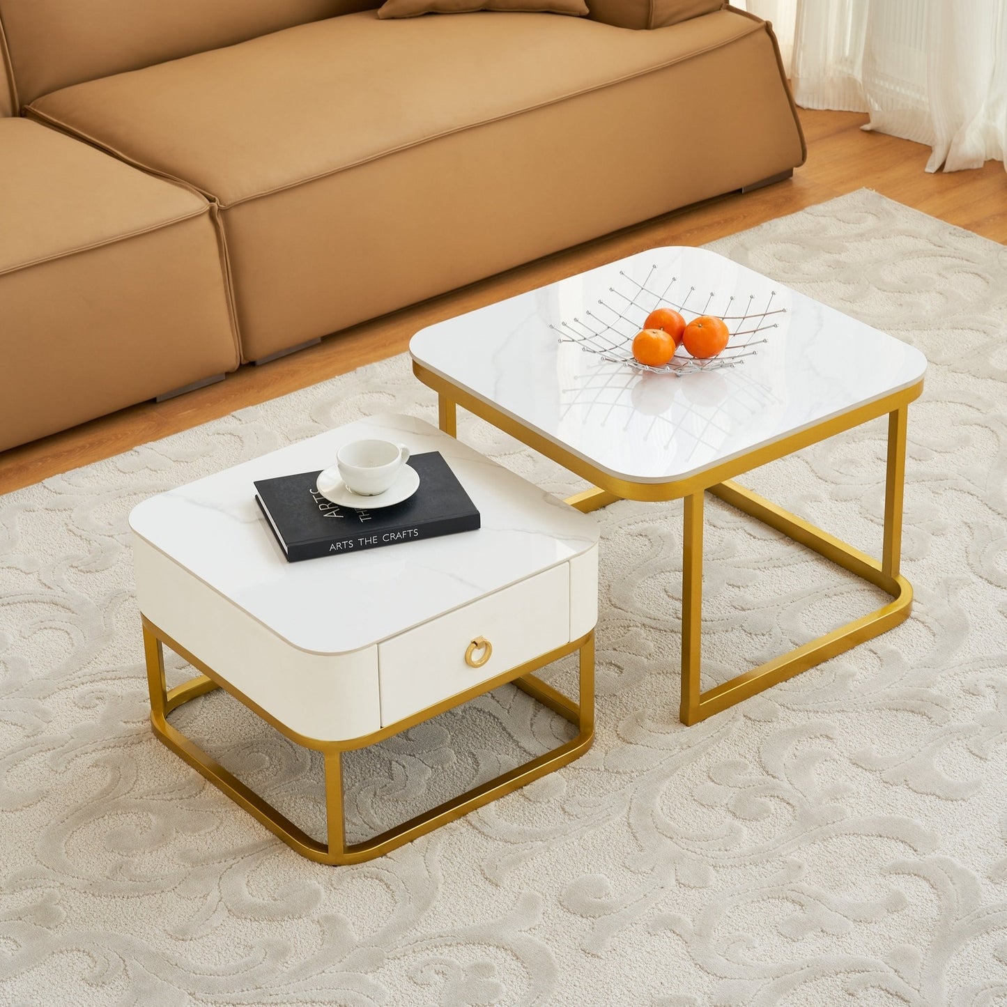 Marley Modern Faux Marble Nesting Tables, White & Gold