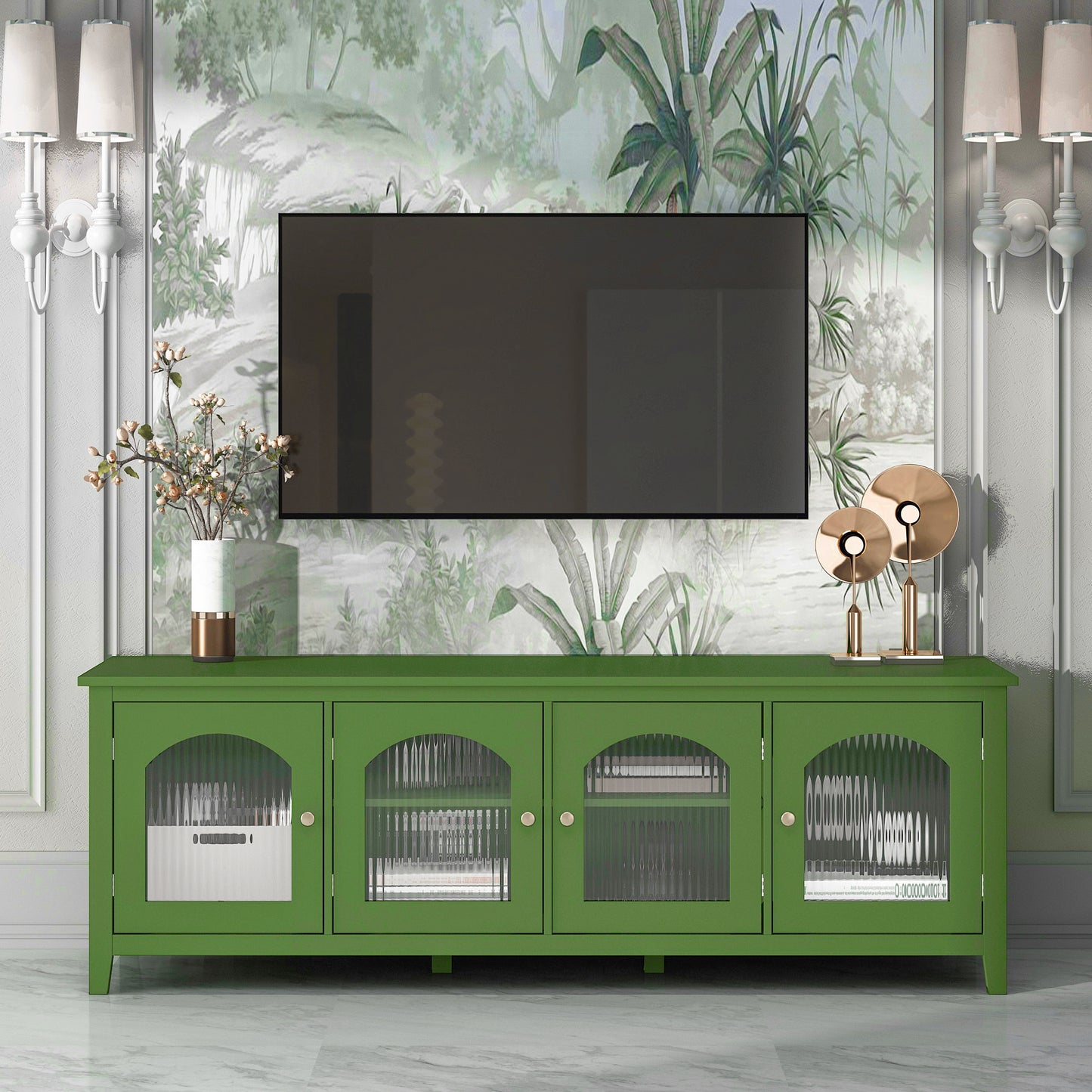 Eisley 71" Modern TV Console with Glass Doors, Antique Green