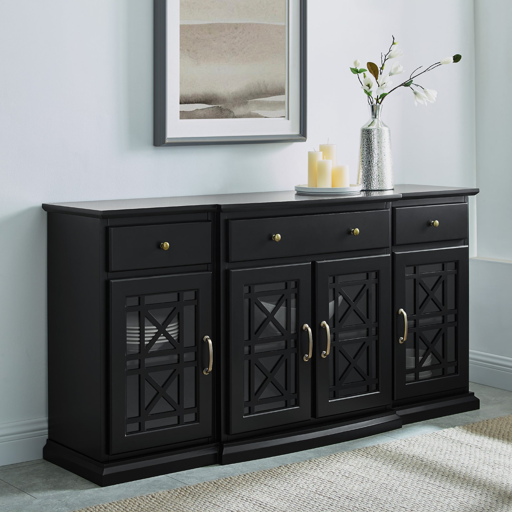 Faye Classic Fretwork Detailed Glass-Door Sideboard - Black