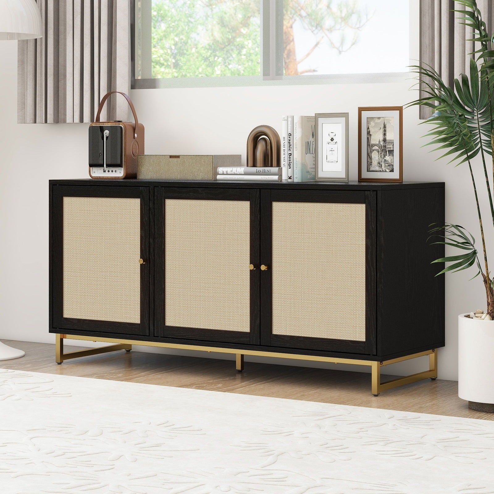 Allen Black & Natural Finish Accent Cabinet with Rattan Fronts