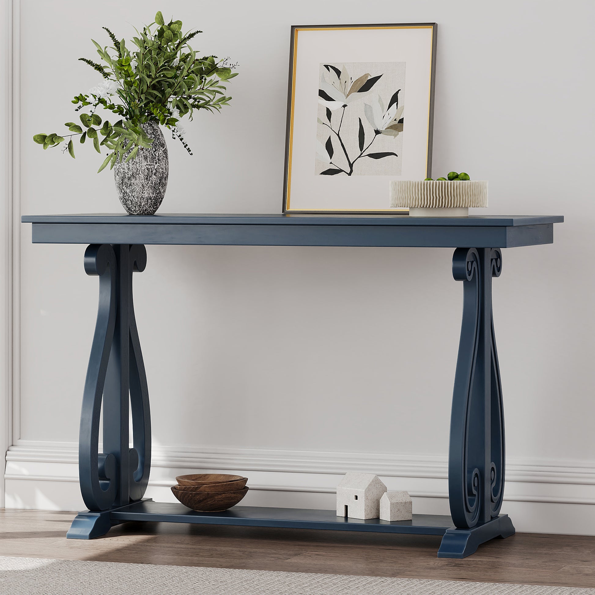 Zelene 48" Rustic Farmhouse Console Table with Lower Shelf, Blue