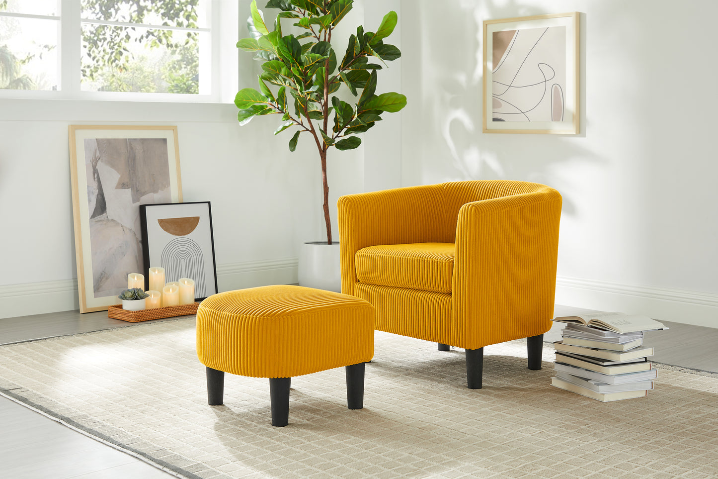 Xara Modern Corduroy Upholstered Chair & Ottoman Set, Yellow