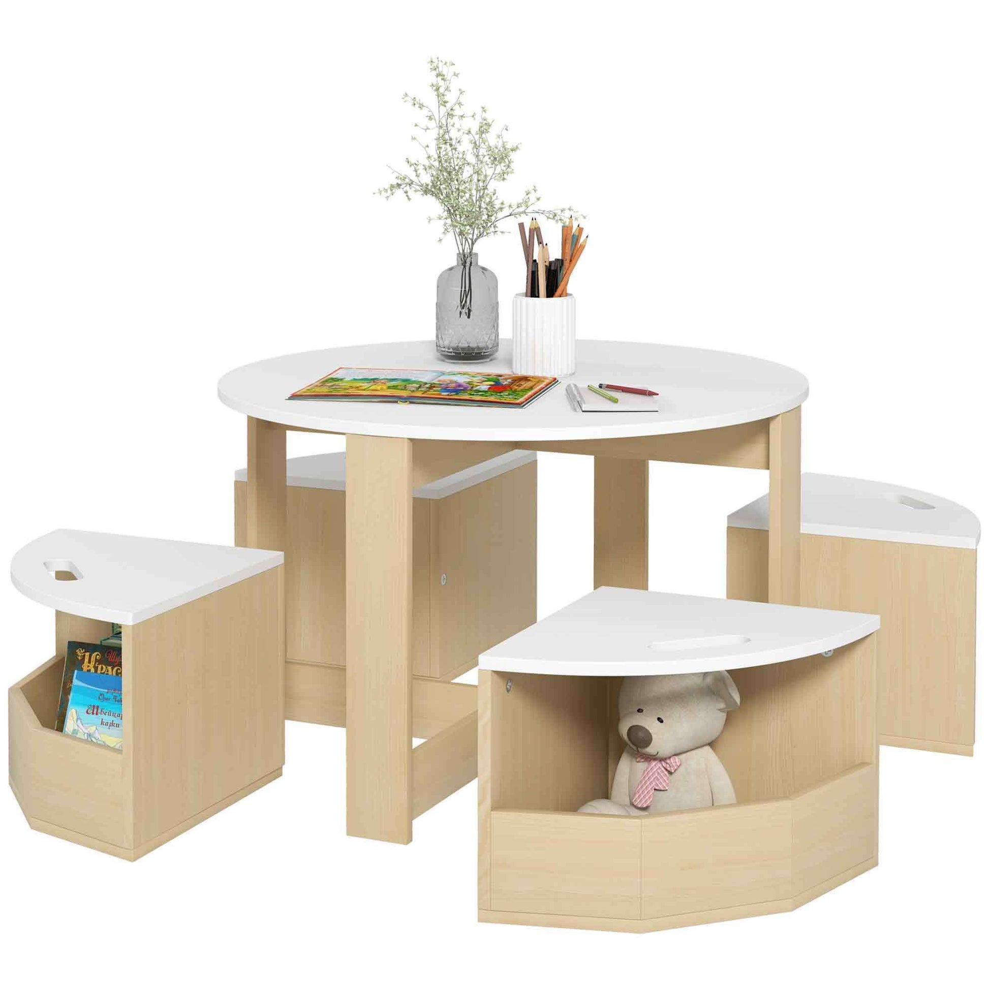 5 Piece Toddler Table and Chairs Set with Storage, White & Natural