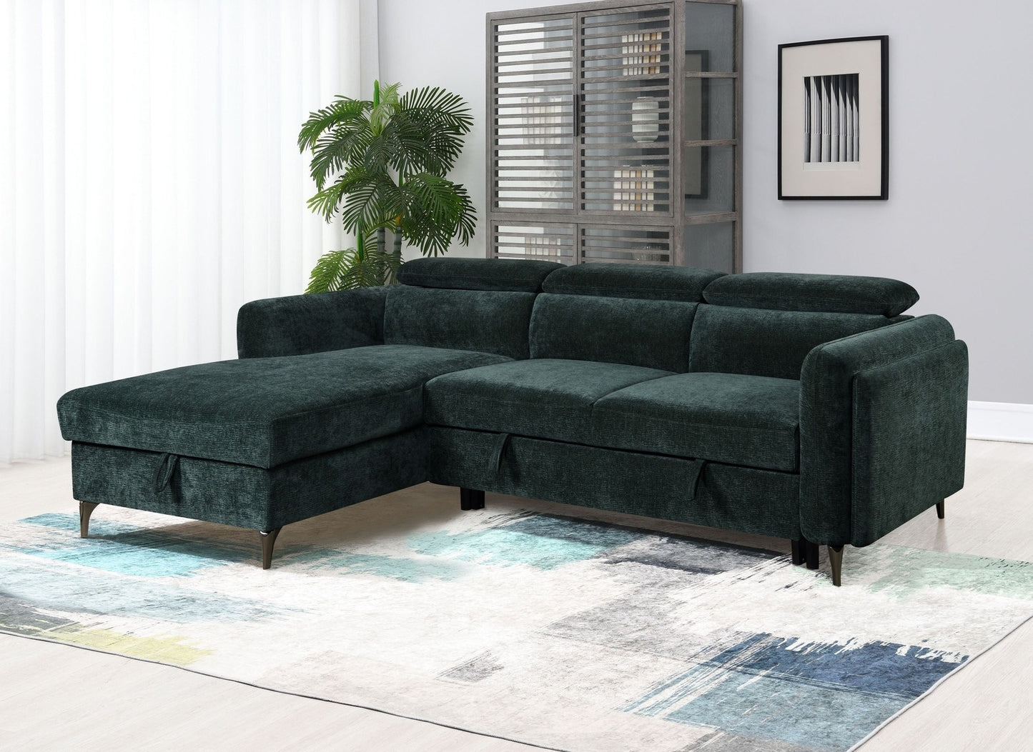 Zadok Green Chenille Sectional Sofa with Sleeper & Storage