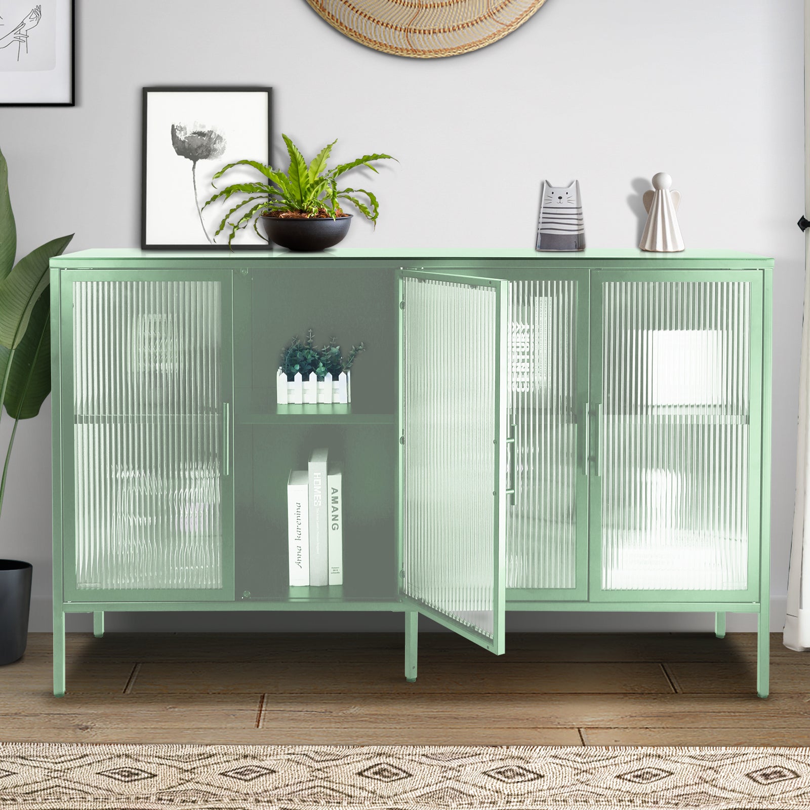 Zane 4-Door Metal Accent Cabinet with Tempered Glass Doors, Light Green