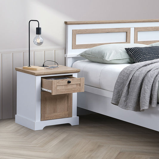 Kinsley Modern Nightstand with Charging, White & Oak