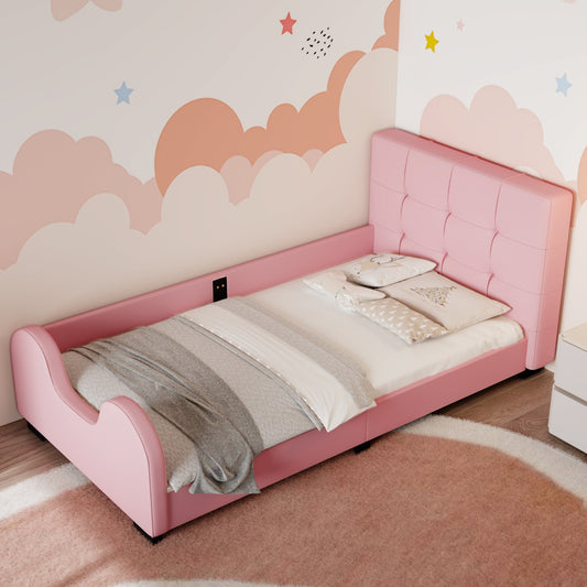 Haku Twin Size Upholstered Platform Bed with Guardrail, Pink