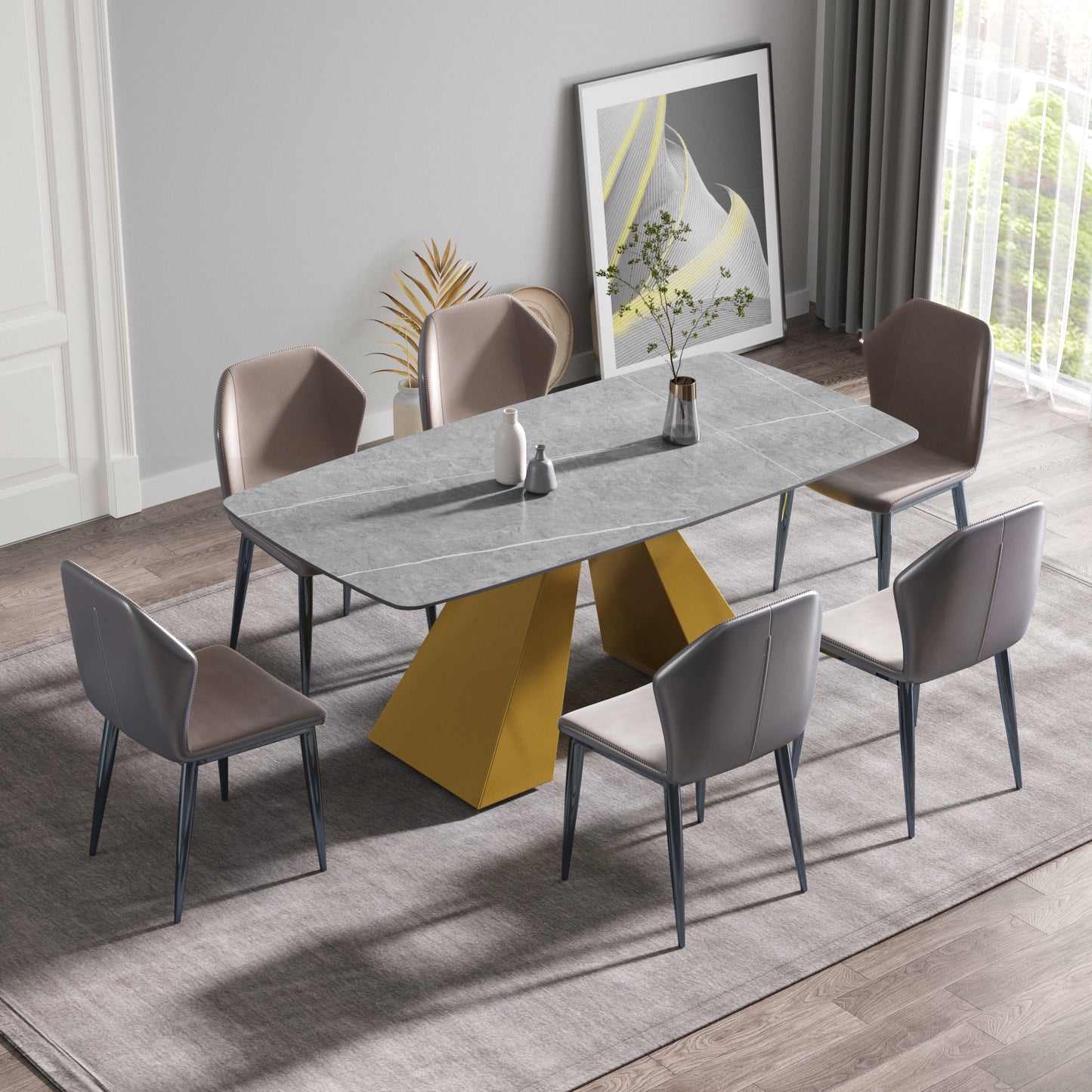 Rivers 71" Modern Gray Sintered Stone Dining Table with Gold Base