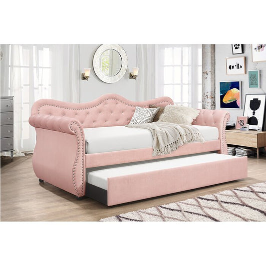 Galaxy Home Abby Upholstered Velvet Wood Daybed with Trundle in Pink