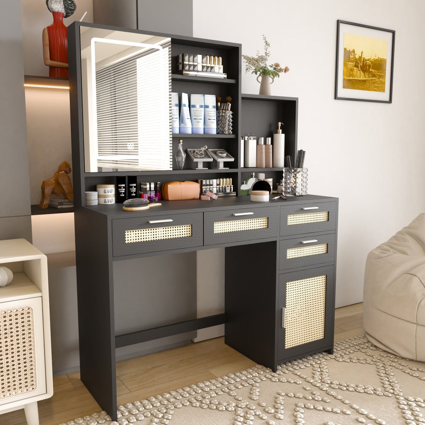 Florence Modern Vanity in Black with Natural Rattan Drawer Fronts