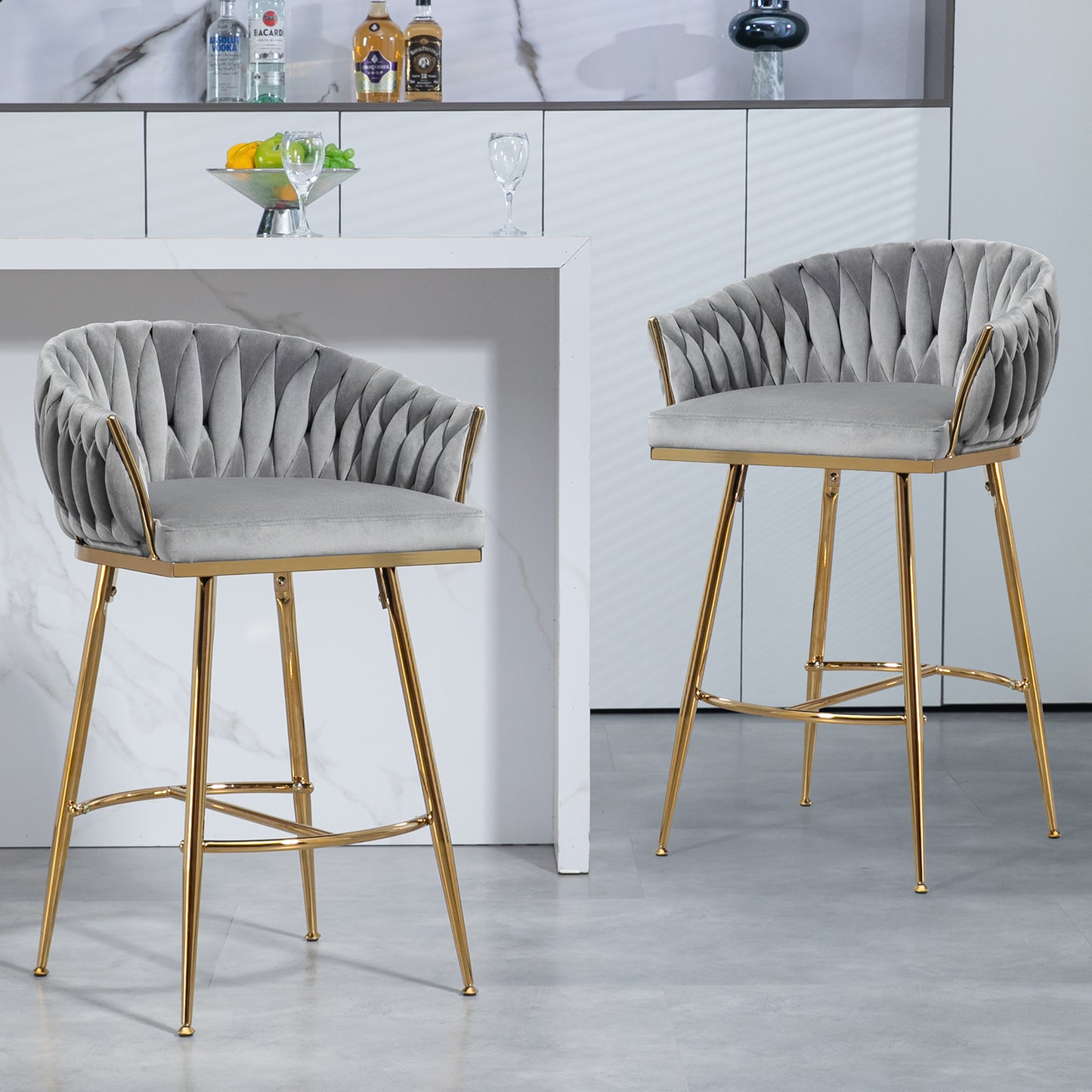 Elegant Velvet 26'' Counter Height Bar Stool with Hand-Wave Back and Golden Chrome Base Set of 2 Grey