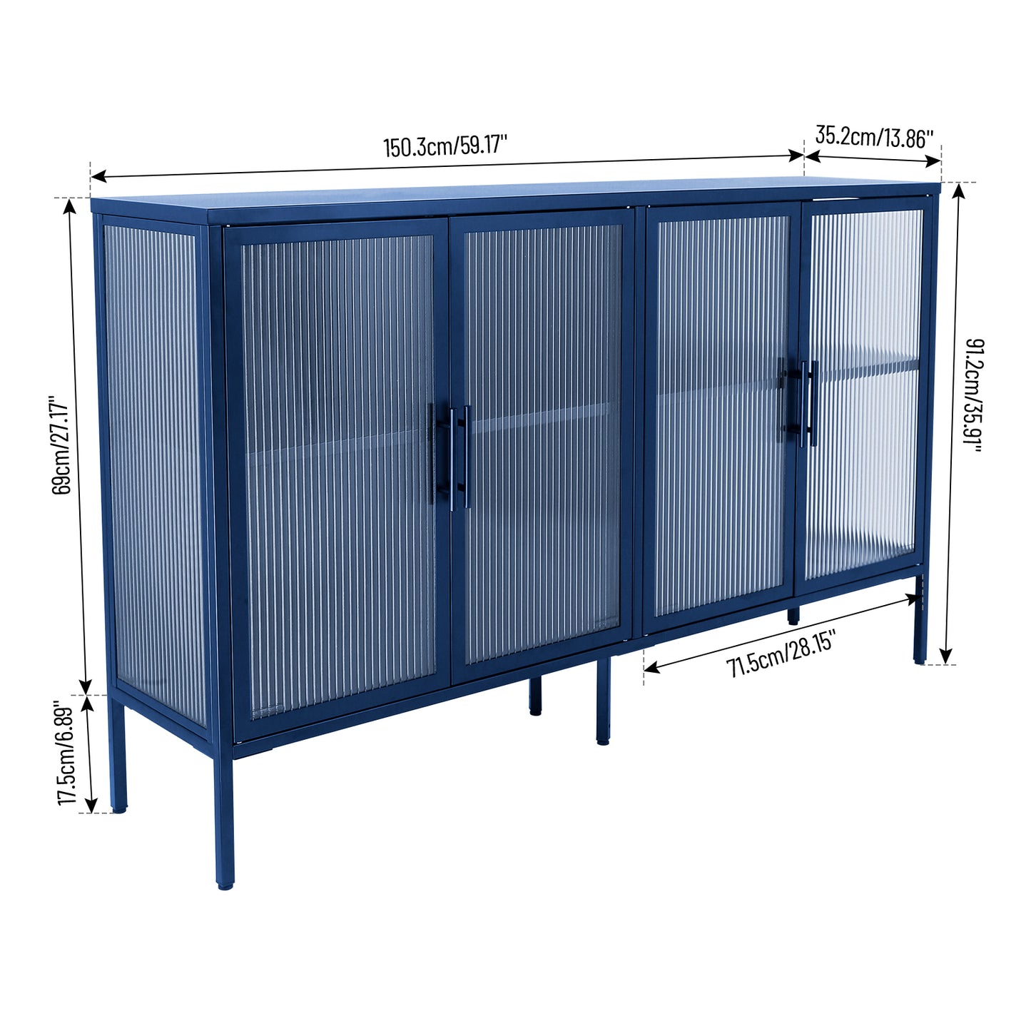 Zane 4-Door Metal Accent Cabinet with Tempered Glass Doors, Blue