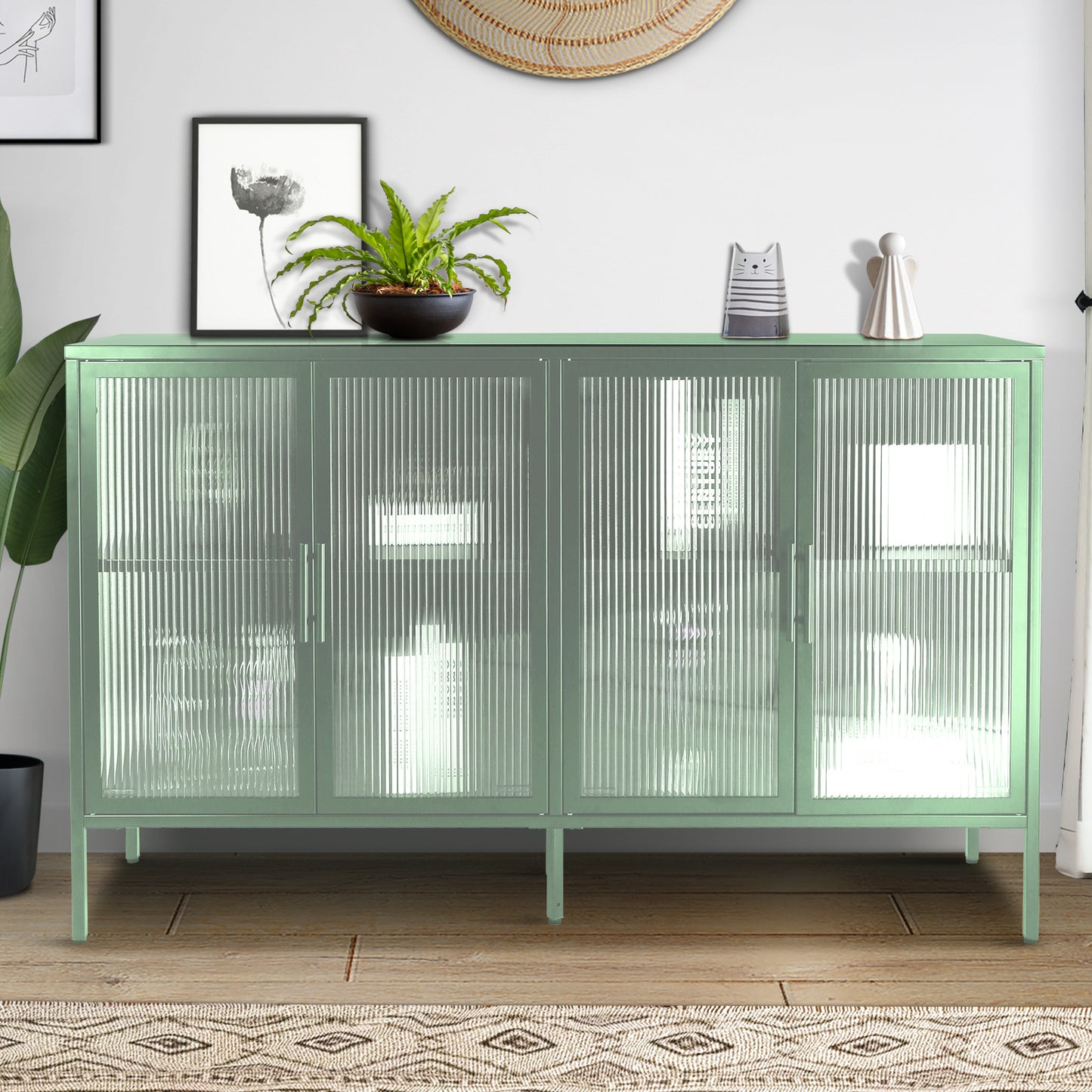 Zane 4-Door Metal Accent Cabinet with Tempered Glass Doors, Light Green